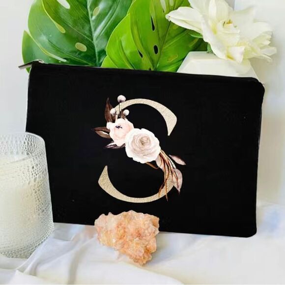New Black Zipper Pouch with Floral Initial Detail - Multiple Available - Picture 3 of 15